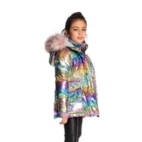 Appaman NEW Girls Winter Coat Rainbow Pink Fur Hooded Long Puffer  14 - Picture 2 of 3